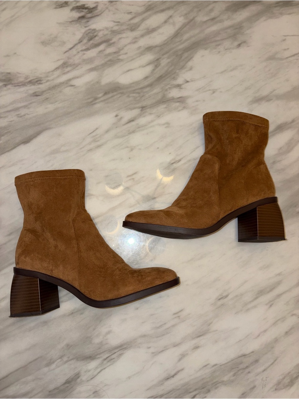 Anne Klein Suede Ankle Booties Brown Block Heel Sock Boots 8.5